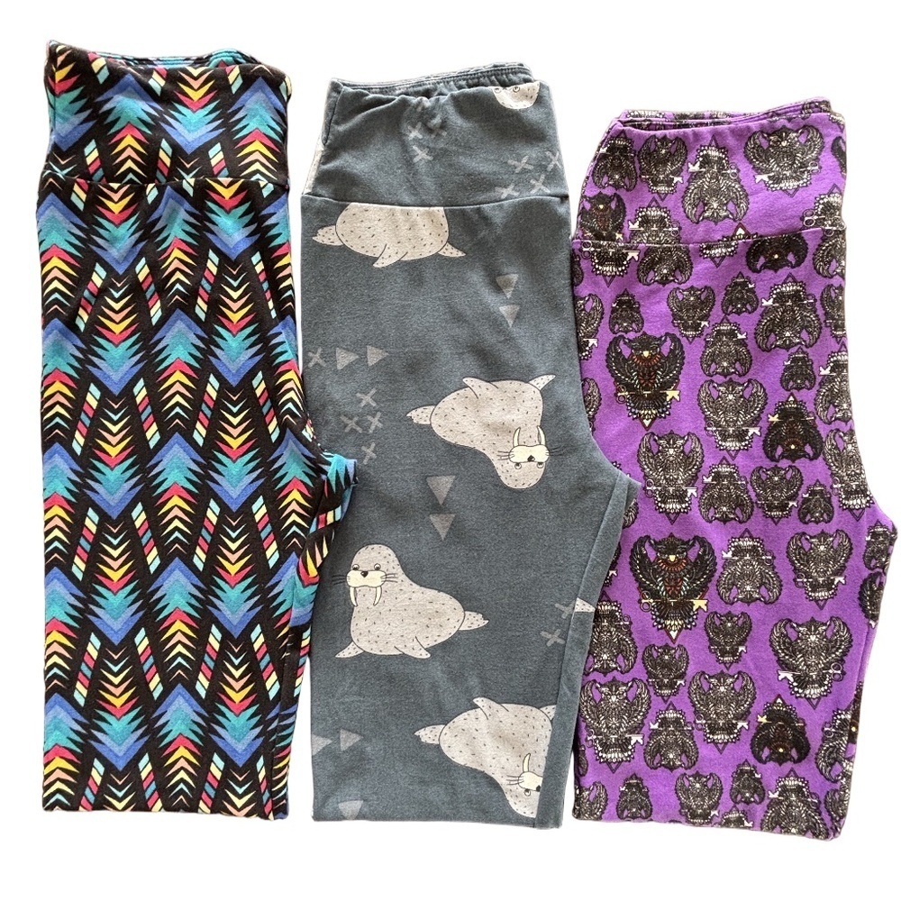 LuLaRoe legging bundle 3 pairs, geometric, walrus, gargoyle patterns all one sz